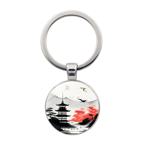 Japanese Style Ink Wash Painting Mt Fuji Cherry Blossom Keychain Zinc Alloy Glass Cabochon Landscape Pendant Key Ring For Women Men Gift
