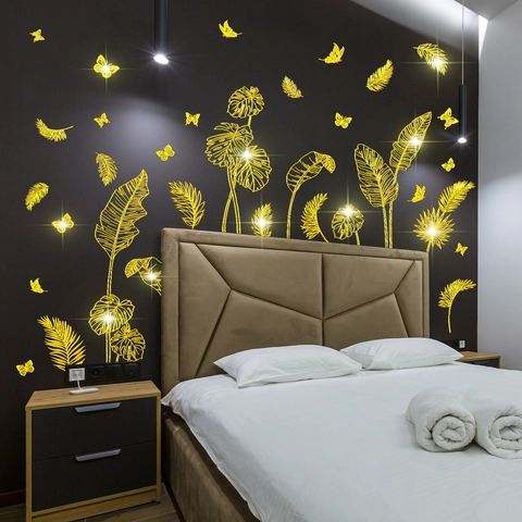 Adesivi Murali Foglie Tropicali Stampa Oro Monstera Farfalla Impermeabile PVC Autoadesivo Decorazione Casa Per Soggiorno