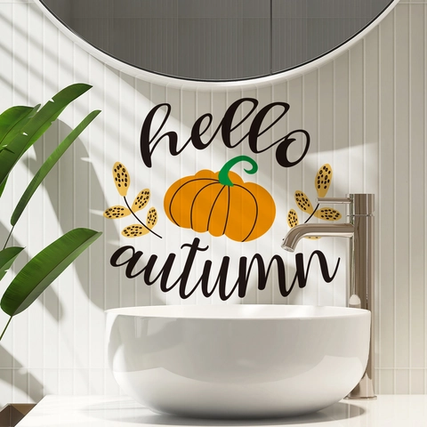 Pumpkin Hello Autumn Wall Sticker PVC Self Adhesive Window Decal Thanksgiving Harvest Glass Decoration Home Ornament