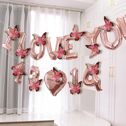 3D Butterfly Wall Stickers Pink Gradient Realistic Wings Gold Edged PVC Decals For Party Wedding Kids Room Decor