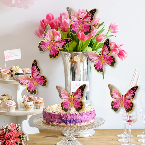 3D Butterfly Wall Stickers Pink Gradient Realistic Wings Gold Edged PVC Decals For Party Wedding Kids Room Decor