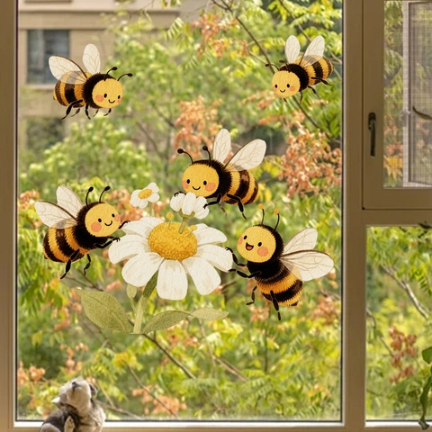 Cartoon Biene Sonnenblume Gänseblümchen Wandaufkleber PVC Selbstklebend Wasserdicht Doppelseitig Sichtbar Fensterglas Aufkleber