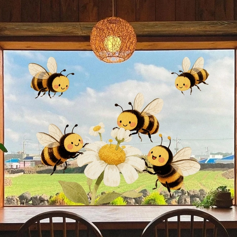 Cartoon Biene Sonnenblume Gänseblümchen Wandaufkleber PVC Selbstklebend Wasserdicht Doppelseitig Sichtbar Fensterglas Aufkleber