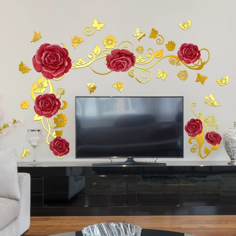 Adesivi Murali 3D Rosa Rossa Farfalla Dorata Vite Metallico Stampa A Caldo Autoadesivo Impermeabile Elegante
