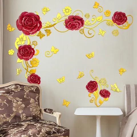Adesivi Murali 3D Rosa Rossa Farfalla Dorata Vite Metallico Stampa A Caldo Autoadesivo Impermeabile Elegante