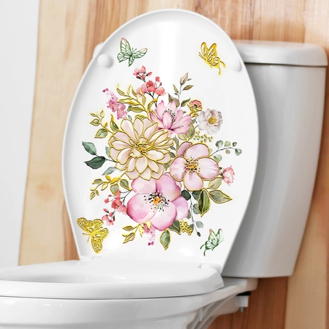 Gold Stamping Floral Butterfly Toilet Stickers Waterproof Removable Self Adhesive PVC Bathroom Background Wall Decor Decals