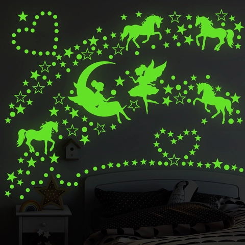 Glow In The Dark Wall Stickers Luminous Unicorn Fairy Moon Stars Decals For Kids Bedroom Ceiling PVC Waterproof Decals