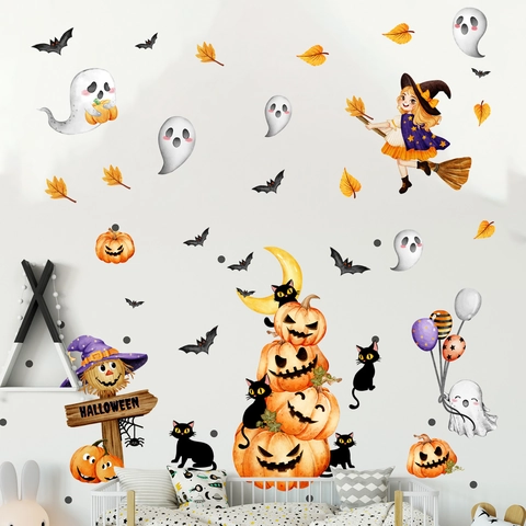 Stickers Muraux Halloween PVC Imperméable Sorcière Citrouille Fantôme Chauves-souris Auto-adhésif Décoration Maison