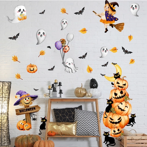 Stickers Muraux Halloween PVC Imperméable Sorcière Citrouille Fantôme Chauves-souris Auto-adhésif Décoration Maison