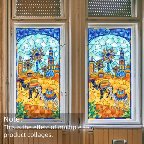 Stained Glass Window Film Static Cling PVC Double Sided Middle Eastern Camel Mosque Pattern Decorative Privacy Sticker