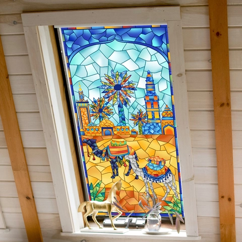 Stained Glass Window Film Static Cling PVC Double Sided Middle Eastern Camel Mosque Pattern Decorative Privacy Sticker