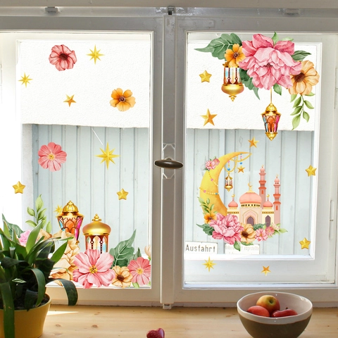 Ramadan Window Sticker Static Cling PVC Double Sided Watercolor Floral Moon Mosque Eid Home Decoration Holiday Decal