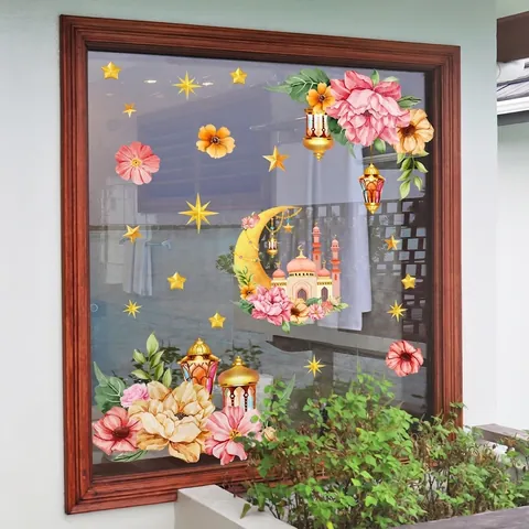 Ramadan Window Sticker Static Cling PVC Double Sided Watercolor Floral Moon Mosque Eid Home Decoration Holiday Decal