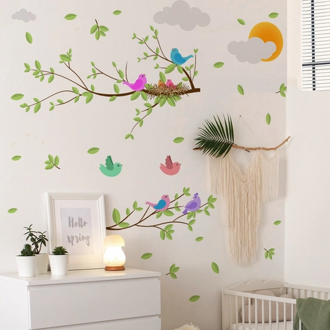 Autocollants Muraux Oiseaux De Dessin Animé Sur Branches PVC Auto-Adhésifs Amovibles Pour Décoration De Chambre D'enfant