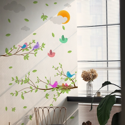 Autocollants Muraux Oiseaux De Dessin Animé Sur Branches PVC Auto-Adhésifs Amovibles Pour Décoration De Chambre D'enfant
