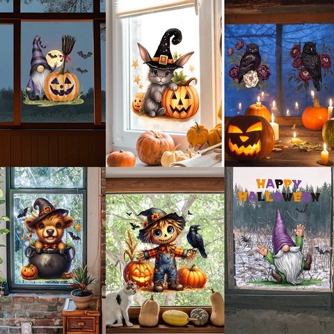 Halloween Pumpkin Gnome Window Stickers PVC Static Cling Decals For Glass Festive Home Party Decoration Owl Rabbit Witch