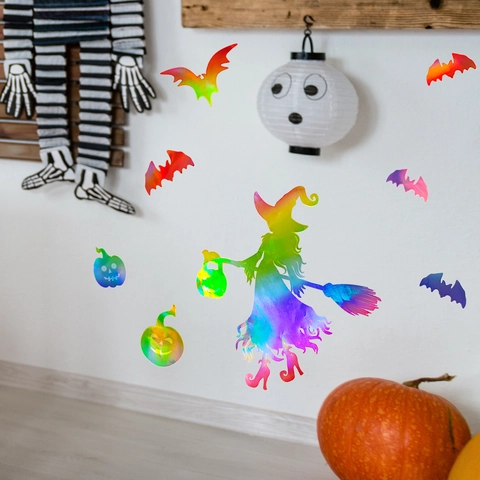 Adesivi Murali Halloween Laser Olografico PVC Strega Pipistrello Zucca Decalcomanie Decorazione Festa Casa