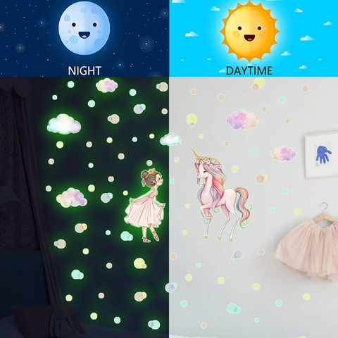 Luminous Wall Stickers PVC Glow In The Dark Unicorn Princess Clouds Decals For Kids Bedroom Nursery Decor