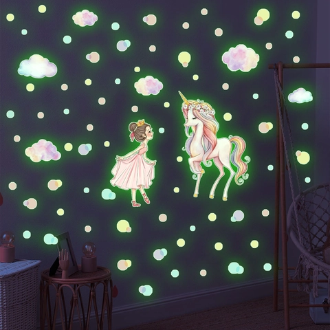 Luminous Wall Stickers PVC Glow In The Dark Unicorn Princess Clouds Decals For Kids Bedroom Nursery Decor