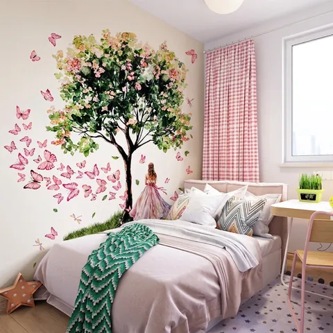 Adesivo da Parete Acquerello Ragazza Rosa E Albero PVC Removibile Farfalla Per Camera Dei Bambini Soggiorno Decorazione