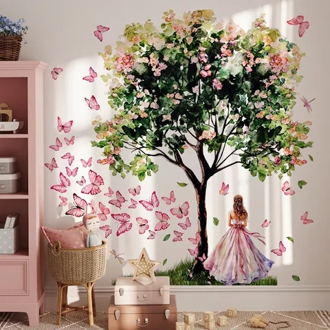 Aquarel Roze Meisje En Boom Muursticker Verwijderbaar PVC Vlinder Voor Kinderkamer Slaapkamer Woonkamer Decoratie