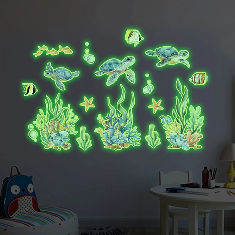 Stickers Muraux Tortue De Mer Lumineux Thème Océan Imperméable Fluorescent Décalcomanies PVC Pour Chambre Salle De Bain