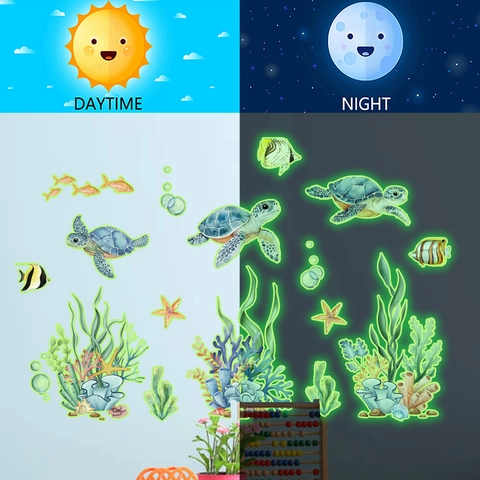 Stickers Muraux Tortue De Mer Lumineux Thème Océan Imperméable Fluorescent Décalcomanies PVC Pour Chambre Salle De Bain