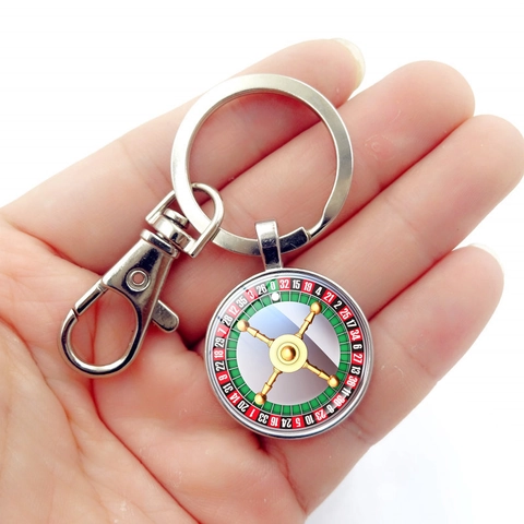 Porte-clés Vintage Roue de Roulette de Casino en Alliage de Zinc Cabochon en Verre Thème Jeu d'Argent Pendentif pour Sacs Bijoux Unisexe
