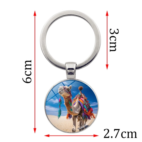 Desert Camel Time Gem Glass Cabochon Keychain Silver Alloy Round Pendant Keyring For Travel Souvenir Gift Ethnic Style