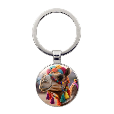 Desert Camel Time Gem Glass Cabochon Keychain Silver Alloy Round Pendant Keyring For Travel Souvenir Gift Ethnic Style
