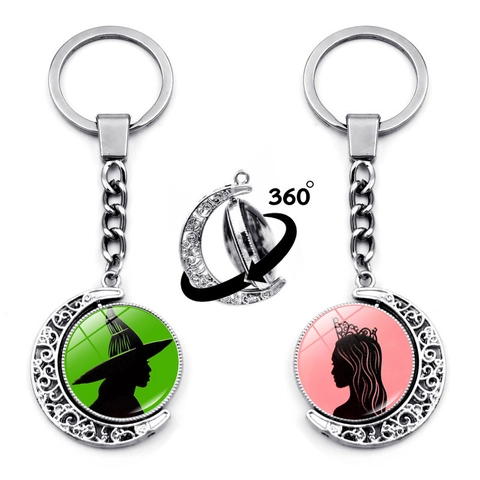 Vintage Silver Zinc Alloy Moon Keychain With Rotating Glass Pendant Witch Girl Silhouette Hollow Flower Pattern Double Sided Car Key Ring Bag Hanging Ornament