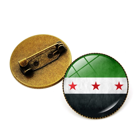 Syria Flag Brooch Pin Round Alloy Glass Dome National Badge Decorative Jewelry Accessory For Men Women
