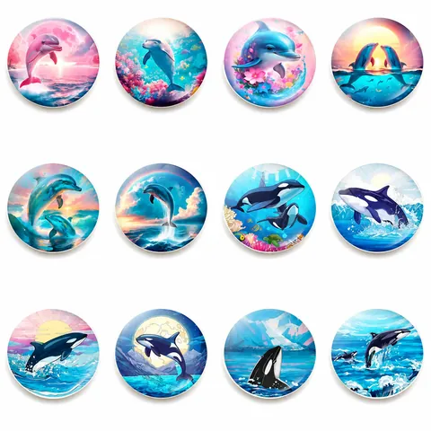 Imán de Nevera de Vida Marina Delfín Orca Redondo de Vidrio de Cristal Imán de Refrigerador Decoración de Cocina