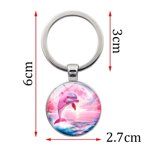 Ocean Life Dolphin Orca Metal Keychain Round Time Gem Glass Cabochon Pendant Key Ring For Car Bag Souvenir Gifts For Friends