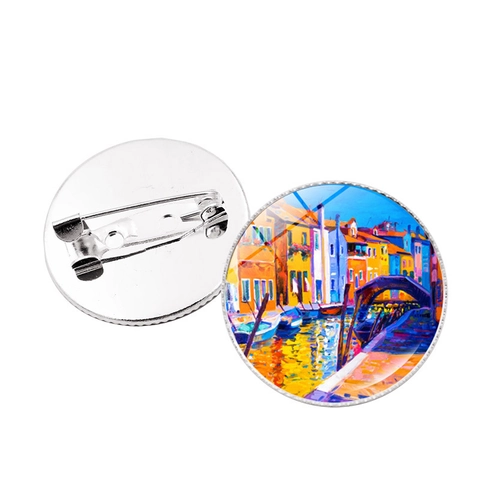 Venedig Wasserstadt Ölgemälde Brosche Pin Vintage Rund Glas Cabochon Legierung Abzeichen Für Kleidung Taschen Dekoration Kunst Souvenir