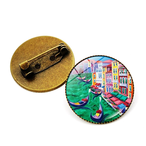 Venedig Wasserstadt Ölgemälde Brosche Pin Vintage Rund Glas Cabochon Legierung Abzeichen Für Kleidung Taschen Dekoration Kunst Souvenir