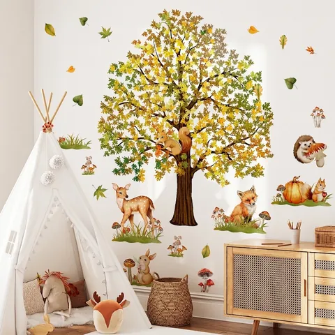 Forest Animal Wall Stickers PVC Autumn Tree Deer Fox Squirrel Nursery Room Decor Removable Self-Adhesive Wallpaper