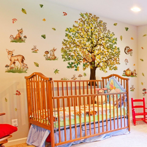 Forest Animal Wall Stickers PVC Autumn Tree Deer Fox Squirrel Nursery Room Decor Removable Self-Adhesive Wallpaper