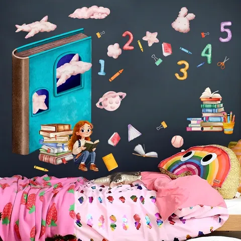 Adesivi Murali Ragazza Che Legge Cartone Animato PVC Autoadesivi Educativi Numeri Decalcomanie Per Cameretta Bambini