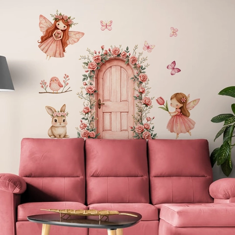 Stickers Muraux Princesse Fée Aquarelle Porte Fleurie Rose Lapin Papillon Décalcomanies Pour Chambre Enfant Fille PVC
