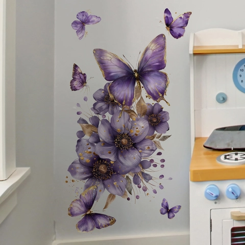 Stickers Muraux Papillon Fleur Violette PVC Auto Adhésif Aquarelle Accents Dorés Pour Salon Chambre Enfant Décalcomanies