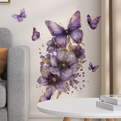 Stickers Muraux Papillon Fleur Violette PVC Auto Adhésif Aquarelle Accents Dorés Pour Salon Chambre Enfant Décalcomanies