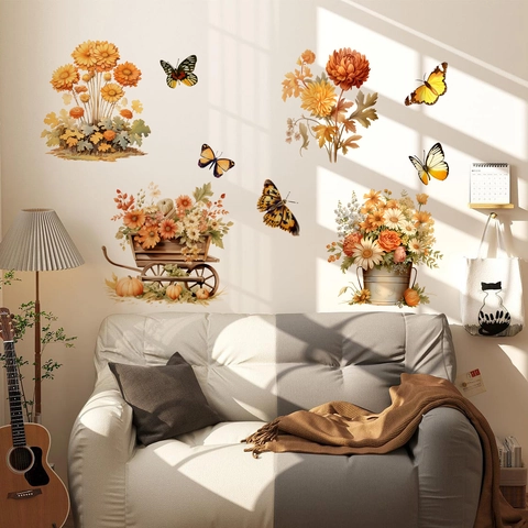 Herfst Bloemen Muurstickers PVC Zonnebloem Pompoen Vlinder Vintage Kar Zelfklevende Afneembare Decals Decoratie