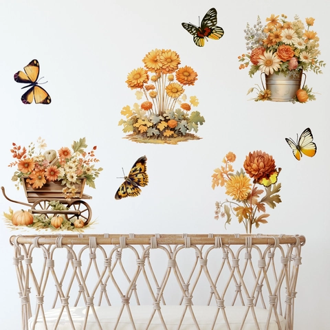 Herfst Bloemen Muurstickers PVC Zonnebloem Pompoen Vlinder Vintage Kar Zelfklevende Afneembare Decals Decoratie