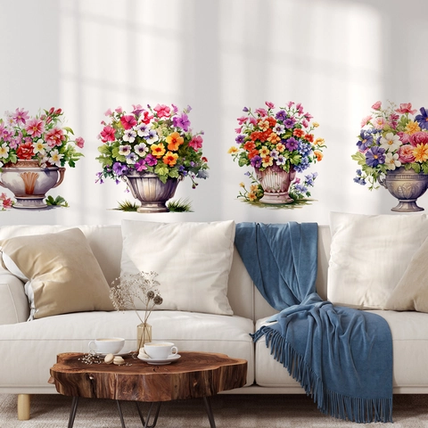 Colorful PVC Floral Potted Plant Wall Sticker Classical Vase Watercolor Design Self Adhesive Decal For Home Living Room Decor