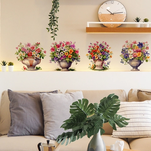 Colorful PVC Floral Potted Plant Wall Sticker Classical Vase Watercolor Design Self Adhesive Decal For Home Living Room Decor