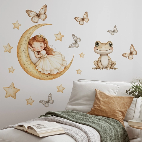 Pegatina De Pared Acuarela Niña En La Luna Rana Mariposa Estrella Para Habitación De Niños Decoración Del Hogar Dibujos Animados