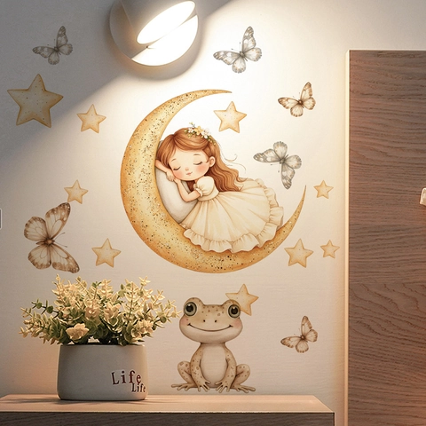 Autocollant Mural Fille Dormant Sur La Lune PVC Aquarelle Étoiles Papillons Grenouille Décor Pour Chambre Enfant
