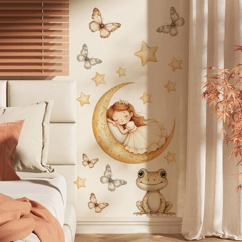 Autocollant Mural Fille Dormant Sur La Lune PVC Aquarelle Étoiles Papillons Grenouille Décor Pour Chambre Enfant