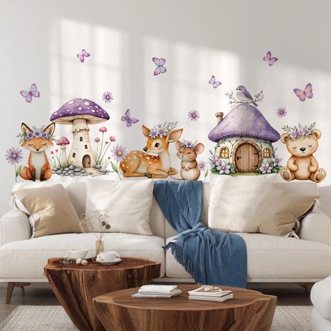 Mushroom House Wall Stickers Forest Animals Purple Butterflies Watercolor PVC Self Adhesive Nursery Kids Room Decor